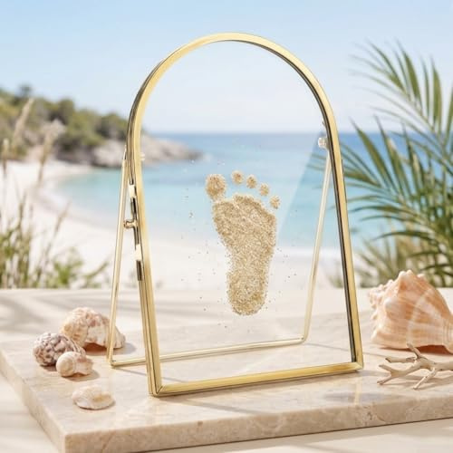 Kit cornice in vetro trasparente per conservare e mostrare impronte delle mani del bambino e impronte di zampe di animali domestici con bordo in metallo dorato per un posizionamento interno moderno