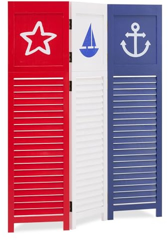 Homestyle4u Paravent Maritim 3-teilig Raumteiler 130x105 cm Innen Holz, Raumtrenner faltbar Sichtschutz Mediterran Weiß Blau Rot, 1824