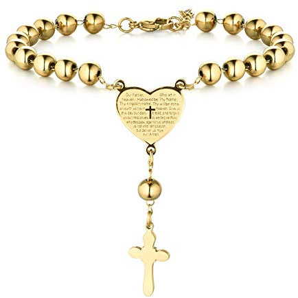 Flongo Armband Rosenkranz Kette Armkette, Edelstahl Anhänger Armreif Kette Kugelkette Gold Golden Englisch Bibel Herz Herzchen Tag Kruzifix Kreuz Kugel Perle Perlen Rosenkranz Herren,Damen