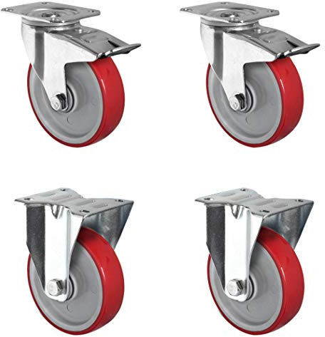 CASCOO SETTBFB100N2U6B32 Rollensatz 2 Lenkrollen mit Feststeller, 2 Bockrollen, Polyamid, Polyurethan, Durchmesser 100 mm, Kugellager, Transportrollen, Traglast 450 kg (4-er Pack)