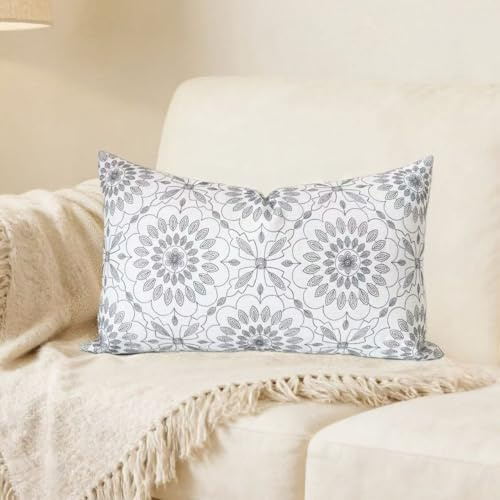 Slow Cow Embroidered Lumbar Throw Pillow Cover 12 x 20 Inch Grey