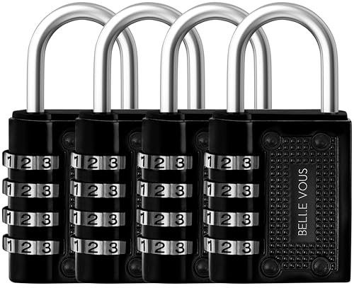 Belle Vous Combination Padlocks with Code (4 Pack) - Heavy-Duty Waterproof Padlocks for Gym Lockers, Suitcases, and Outdoors - Black Coded Locks