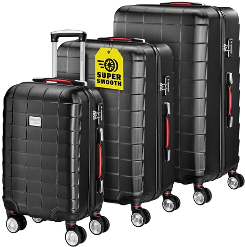 Monzana® 3tlg. Kofferset Exopack TSA Schloss Hartschalen Koffer M-L-XL Gel-Griffe 4 Zwillingsrollen Standfüße Trolley Rollkoffer Reisekoffer Schwarz