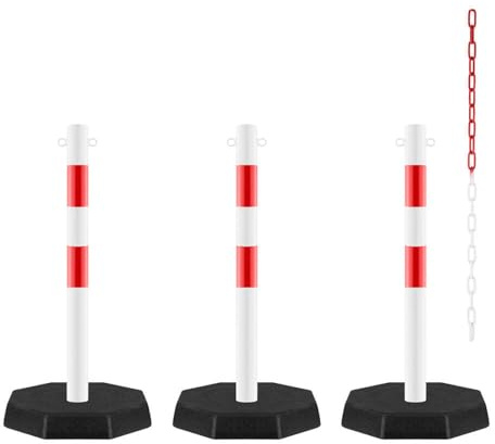 ROBUSTO 3x Kettenpfosten-Set STAHL, r/w, Ø 6 cm, 100 cm, mit 4 m Stahlkette, Art.-Nr. 71660 | Kettenpfosten | Absperrpfosten | Absperrkette