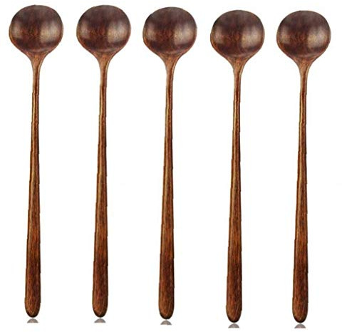 5pcs Longues cuillères en Bois coréenne Style 10,9 Pouces en Bois Naturel à Long Manche Cuiller Ronde pour la Soupe de Cuisson Mélange Stirr