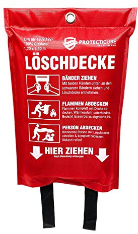 Hochwertige Löschdecke - ORIGINAL Protecticure Brandschutzdecke nach DIN EN 1869-1,2 Meter x 1,2 Meter - Für Brände in der Küche/Löschdecke für Zuhause - Küchenbrände - Feuerlöschdecke