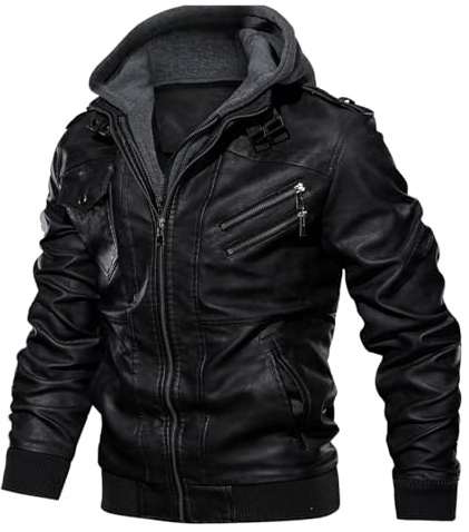 Uusollecy Lederjacke Herren, Kunstlederjacke Mit Abnehmbare Kapuze Schwarz XXXL
