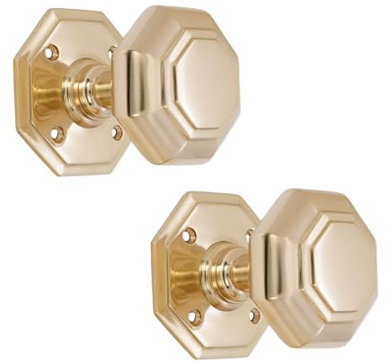 Infinity Decor Pair of Polished Brass Octagon Shaped Victorian Mortice Door Knobs Set 70mm - Pull Handles for Internal and External Doors
