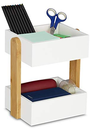 Relaxdays Schreibtisch Organizer, 2 offene Fächer, Bambus & MDF, Aufbewahrungsbox Büro, HxBxT: 25 x 22,5 x 16,5 cm, weiß