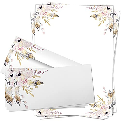 10 Briefpapiere und Briefumschläge SET | Blumen Vintage Feder | Papier und Umschlag mit Design-Motiv bedruckt | 90 g/m²
