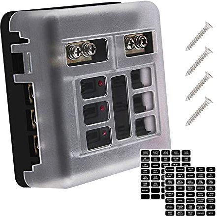 6-Wege-Sicherungskasten mit negativem Bus, Ampper DC 12-24 V ATC/ATO Sicherungsblock mit LED-Anzeige, Abdeckung, Schrauben und Aufkleber für Auto (ohne Sicherung)