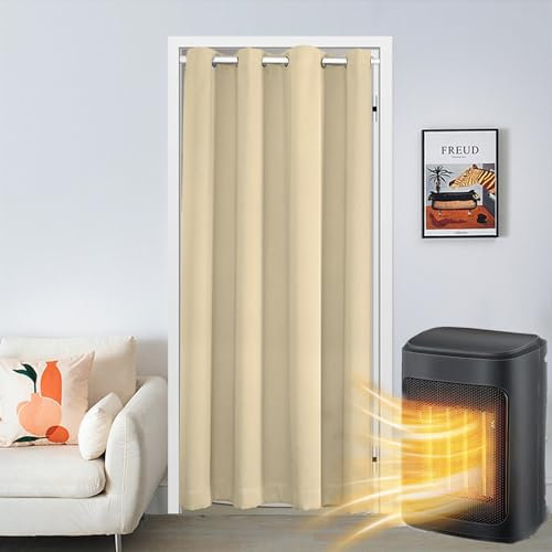 SK Studio Türvorhang Blickdicht Thermo Gardinen Vorhang mit Ösen Thermovorhang Kälteschut Wärmeisolierend für Schlafzimmer Tür Schrank Vorhang Beige, 86x203cm