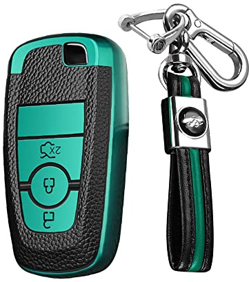 KUNIO Autoschlüssel Hülle Passt für Ford Mondeo Mustang Explorer EcoSport S-Max Ranger Fiesta F150 F250 TPU Leder-Textur Schlüsseletui Schlüsselanhänger Schlüsselschutz 3 Tasten Grün
