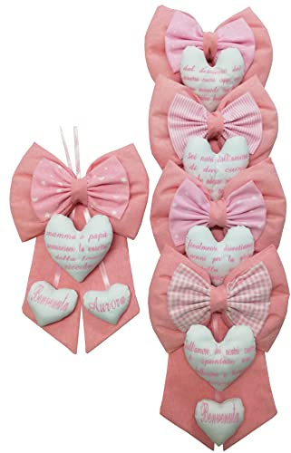Fiocco Nascita Rosa con Nome e Frase Personalizzato Ricamato Made in Italy