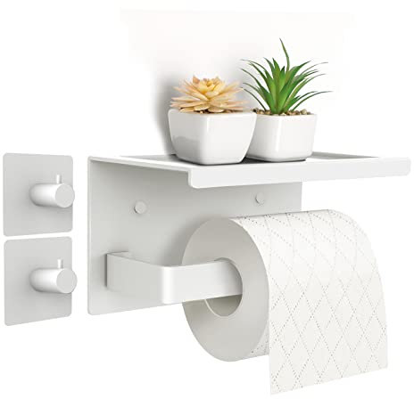 Acmetop Toilettenpapierhalter ohne Bohren Aluminium Klopapierhalter mit 17 cm Ablage, Selbstklebende WC Papier Halterung mit 2 Klebehaken Wandmontage Klorollenhalter für Küche und Badzimmer Weiß