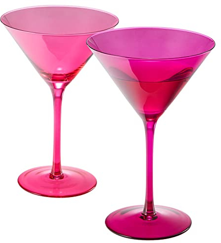 Khen Hot Pink Martini Glasses | Set of 2 | Magenta & Blush Pink Crystal Glassware, Classic Cosmopolitan Glasses for Espresso Martini, Wine - Perfect Crystal with Stems (8 OZ)