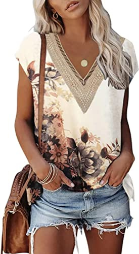 OLIPHEE Camiseta de Mujer Casual V-Neck Camisetas sin Mangas Flores Estampado Túnicas básicas Casuales