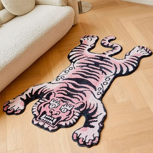 Tappeto tibetano con tigre 152x100 cm (5x3,3 piedi) a pelo alto trapuntato XLarge per interni lavabile in lavatrice con retro TPR antiscivolo - Camera da letto, Bagno, Soggiorno e Sala da pranzo