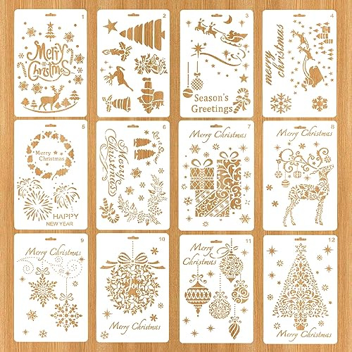 HLIWS 12 Stk Weihnachtsmalerei Vorlage,bunte Malvorlagen,Wiederverwendbare | PET, 17,5 x 26cm, weiß, 12 Stile,waschbar, wiederverwendbar,zum Selbermachen,zur Herstellung von Tagebüchern,Sammelalben usw.