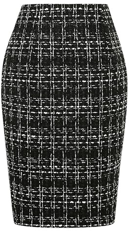 IDEALSANXUN Gonne Midi Scozzesi da Donna 2023 Autunno Inverno Gonna al Ginocchio in Lana a Matita con Spacco, Tweed Nero, XL