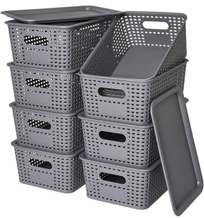 Plastic Storage Baskets with Lid-Plastic Storage Containers Stackable Storage bins: Storage Baskets for Organizing Shelves Drawers Desktop Closet Playroom Classroom Office,8 Pack-Gray10.2x7.2x4.1Inch