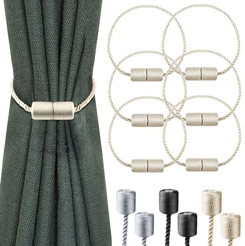 Milaloko 6-Pack Starke Magnetische Vorhang Tiebacks mit Dickeren Twist Seil Dekorative Krawatte Backs Holdbacks für Vorhänge Fenster Vorhang, Beige
