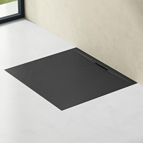 doporro Duschtasse Duschwanne 90x140x3 flach Mineralguss in Anthrazit | Rechteckig Duschwanne für bodengleiche Montage mit DIN-Anschlüssen – stabil & pflegeleicht für moderne Duschen Geoma07