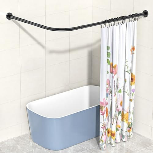 Verstellbare Duschvorhang Spannstange L Form,teleskopstange Duschvorhangstange Ohne Bohren Edelstahl, Bohrer Oder Ohne Bohrer, Für Badezimmer Dusche Badewanne (Size:B 70-95cm x 90-130cm,Color:Schwarz)