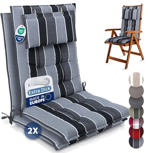 Beautissu 2er Set Premium Hochlehner Auflage Kopfpolster 120x50cm Sun-HL – 8cm Dick Polster Gartenstuhlauflage rutschfest Befestigungsbänder UV-Lichtechtheit 5 – Robust Stoff Anthrazit Gestreift
