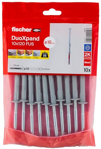fischer DuoXpand 10 x 120 FUS, hochwertiger Universaldübel mit Sechskantschraube & angeformter U-Scheibe (10 Stk.), Dübel für starken Halt, ideal für poröse Baustoffe & randnahe Verankerungen