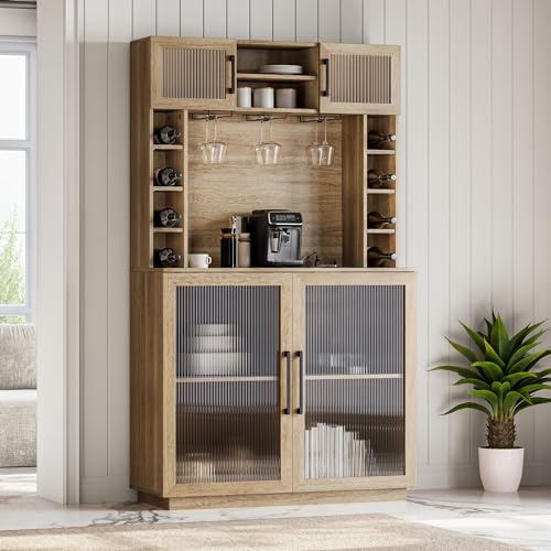 BELLEZE Coffee Wine Bar Cabinet with Power Outlet, 72 Rustic Liquor Cabinet, Fluted Buffet Cabinet with Storage Kitchen Pantry Cupboard Wine & Glasses Rack Server with Hutch for Dining Room - Camel