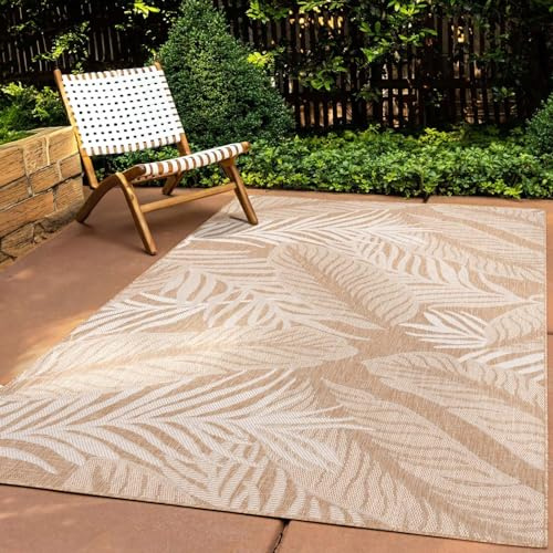 Taracarpet In & Outdoor Teppich Wetterfest Wohnzimmer Balkon Küchenteppich Terrassenteppich Flachgewebe Sisaloptik mit Muster blätter Natur beige 080x150 cm