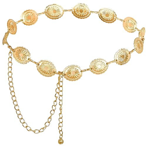 Gold Colour Belt,Western Metal Concho Belt,Hollow Out Daisy Chain Belt,Gold Cowgirl Belt,Women's Waist Chain,Adjustable Boho Waist Chain Country Concert Outfit for Dress Waist Chain