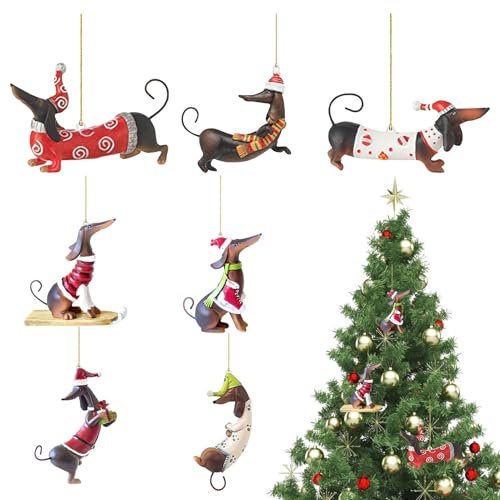 7 Stück Weihnachten Hängen Dackel, Weihnachts Dackel Weihnachtsbaum Anhänger, Dackel Weihnachts Anhänger, Acryl Spaß Hunde Auto Anhänger Zum Aufhängen, Weihnachten Hängen Ornamente Partei Liefert