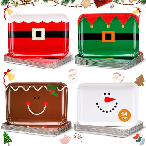Havawish 52 Pcs 14 x 10 Extra Large Christmas Paper Plates Platters | Rectangle Disposable Christmas Serving Trays, Heavy Duty Large Red and Green Platters, Xmas Party Dining Table Decor