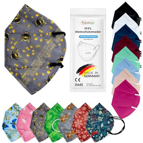 TubeRoo FFP2 Maske Grau Dunkelgrau, Gelbe Hummel Motiv Muster 5 Stück Masken aus Deutschland, Made in Germany, weiche runde Ohrschlaufen Bänder, Atemschutzmaske, Mundschutz, Schutzmaske, Allergie