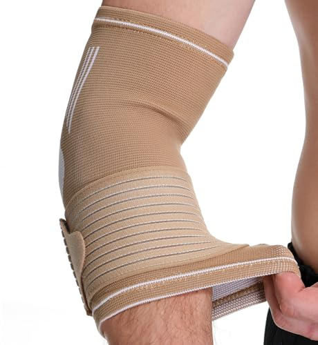 Neotech Care Elbow Brace Support Sleeve - Elastic & Breathable Fabric - Adjustable Compression Strap/Band - For Men, Women, Right or Left Arm (Beige Colour, Size M, 1 Unit)