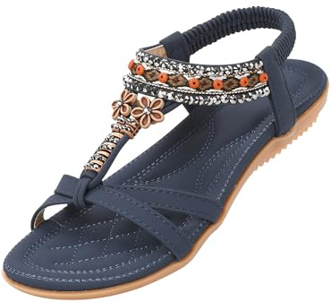 ZOEREA Platta sandaler för kvinnor sommar strass blomma strand flip flops damstringtrosor elastisk T-rem bohemiska skor passar ledig semester, D Marinblå, 41.5 EU