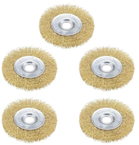 5Pcs 4 Inch Wire Wheel Brush Brass Plated Crimped Steel Wire Brush with 5/8 Inch Arbor Hole Angle Grinder Drill Wire Brush Set for Rust Removal Paint Stripping Deburring and Polishing（100*16*13mm）
