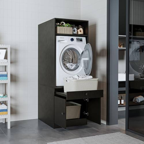 ROOMART • Waschmaschinenschrank mit Ausziehplatte • Platzsparend • Praktisch • Ideal für Hauswirtschaftsraum (Schwarz-Eiche, 1 Schrank - (184cm hoch))