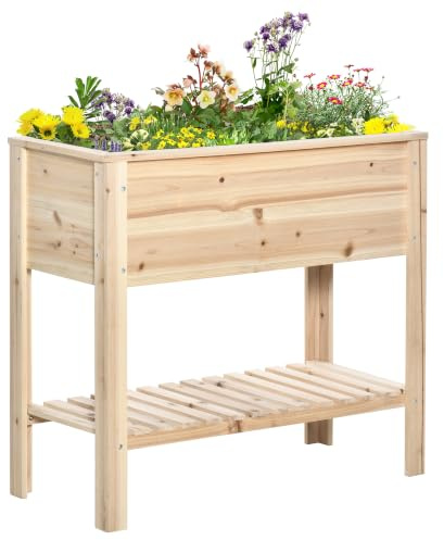 Outsunny Jardinière sur Pieds Potager Étagère à Lattes 90 x 40 x 81 cm | Inserts d'Irrigation, Géotextile Inclus, en Bois Massif