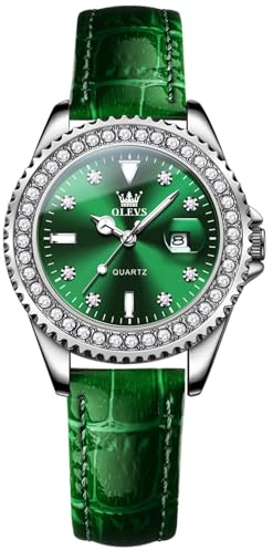 OLEVS Damklocka, liten handled roséguld diamant urtavla damer kvartsur, mode nattlysande vattentät analog klocka för kvinnor, romantisk present till flickvän, 9945- Grönt ansikte (läderrem), Klassisk