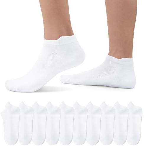 EKSHER 10 par unisex enkla sneakers strumpor med vadderade, korta halvstrumpor kvarts bomull nät andas svart vit, Vit x 10, 43-46 EU