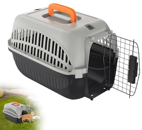 XMTECH Transportbox für Hunde & Katzen, Tiertransportbox Kleintierbox aus Kunststoff, Kaninchen Katzen transportboxen 48 x 32 x 32 cm, Schwarz - Grau