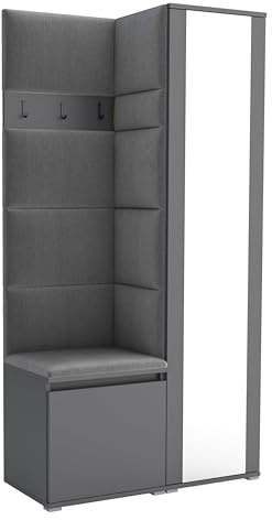 Brent - Garderobenschrank Flur Grau mit sitzbank 95 cm Breit Luton 6 - Multifunktionale Flurgarderobe Set mit Stauraum und Wandpaneel, Garderobe mit Sitzfläche und Kleiderhaken