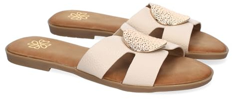 shoes&blues.es 92052 Sandalia Planas de Mujer, Comodas y Elegantes con Diseno Moderno con Adorno en la Pala, Ideales para Primavera-Verano. Beige Talla 38