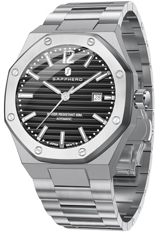 SAPPHERO Herrklocka mekanisk automatisk klocka för man datum lyx analog 50 meter vattentät affärsport rostfritt stål band gåvor, Silver-svart, Armband