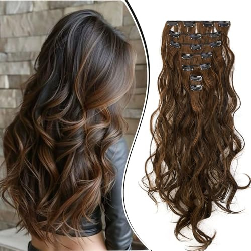 Dcbaboo Extension Capelli a Clip Ondulati Lunghi 7PCS Clip in Hair Extension Capelli Sintetici Finti Mossi Posticci per Capelli Ricci Extension Naturale, Marrone Cioccolato & Auburn