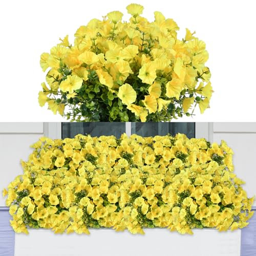 Elecoutek 6 Bundles Artificial Flowers Outdoor, Artificial Shrubs UV Resistant Faux Plastic Plants for Indoors Outside Pot Garden Porch Decor Hanging Baskets Borders Window Box Wedding (Yellow)