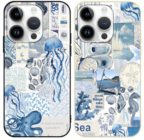 Vxinvnoi 2 x Handyhülle für iPhone 15 Pro Max Hülle, Collage Motiv Aesthetic Meer Bunt Sommer Muster Mädchen Case, Weich Silikon TPU Stoßfeste Kratzfest Schutzhülle für iPhone 15 Pro Max 6,7, Blau